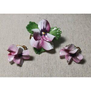 Enameled Floral Brooch and Earrings Made in England (Chipped Leaf)
